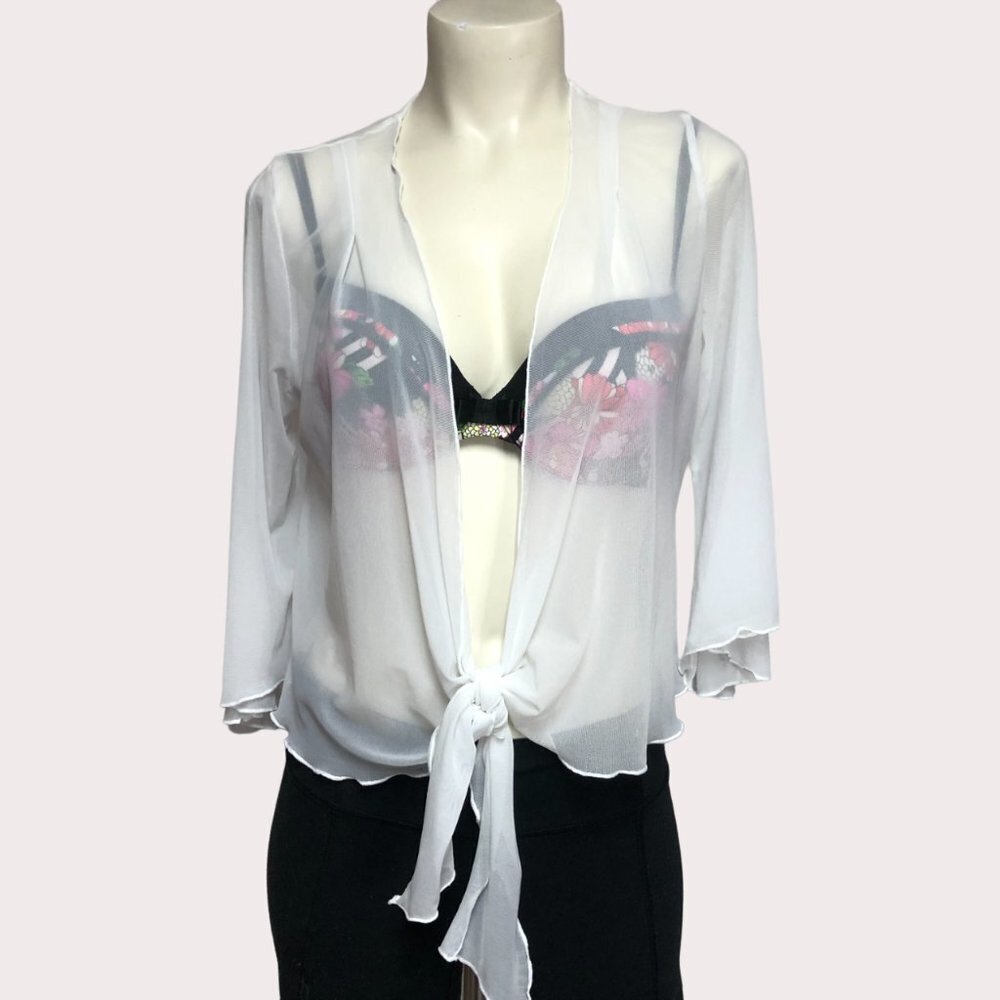 Creations White Sheer Mesh Long Sleeve Tie Front Cover Up Size Small (fits big)